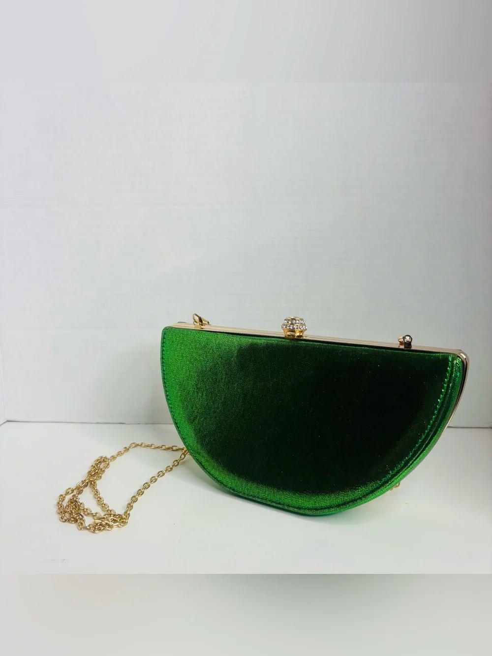 Green Velvet Half-Moon Clutch with Gold Chain